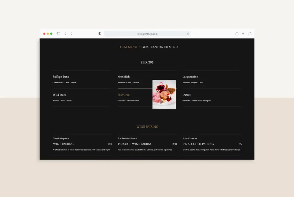 Menupagina van restaurantgem.com in een browserframe, met het menu en de wine pairing