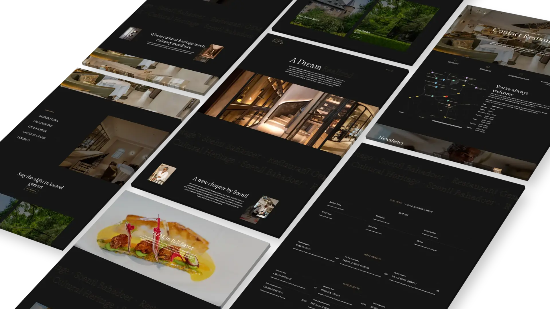 Overzicht van meerdere pagina's van restaurantgem.com, in perspectief naast elkaar
