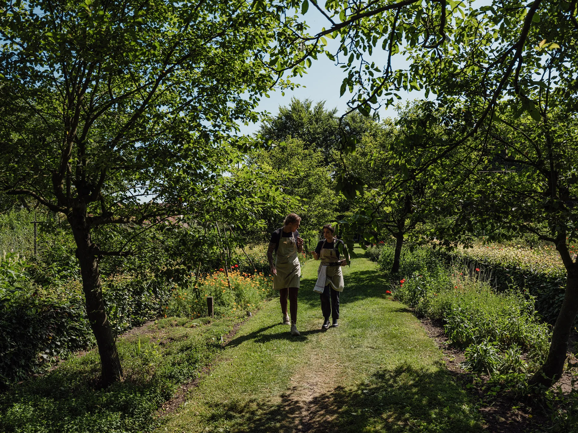Twee gasten wandelen over een graspad door een bosrijke kasteeltuin