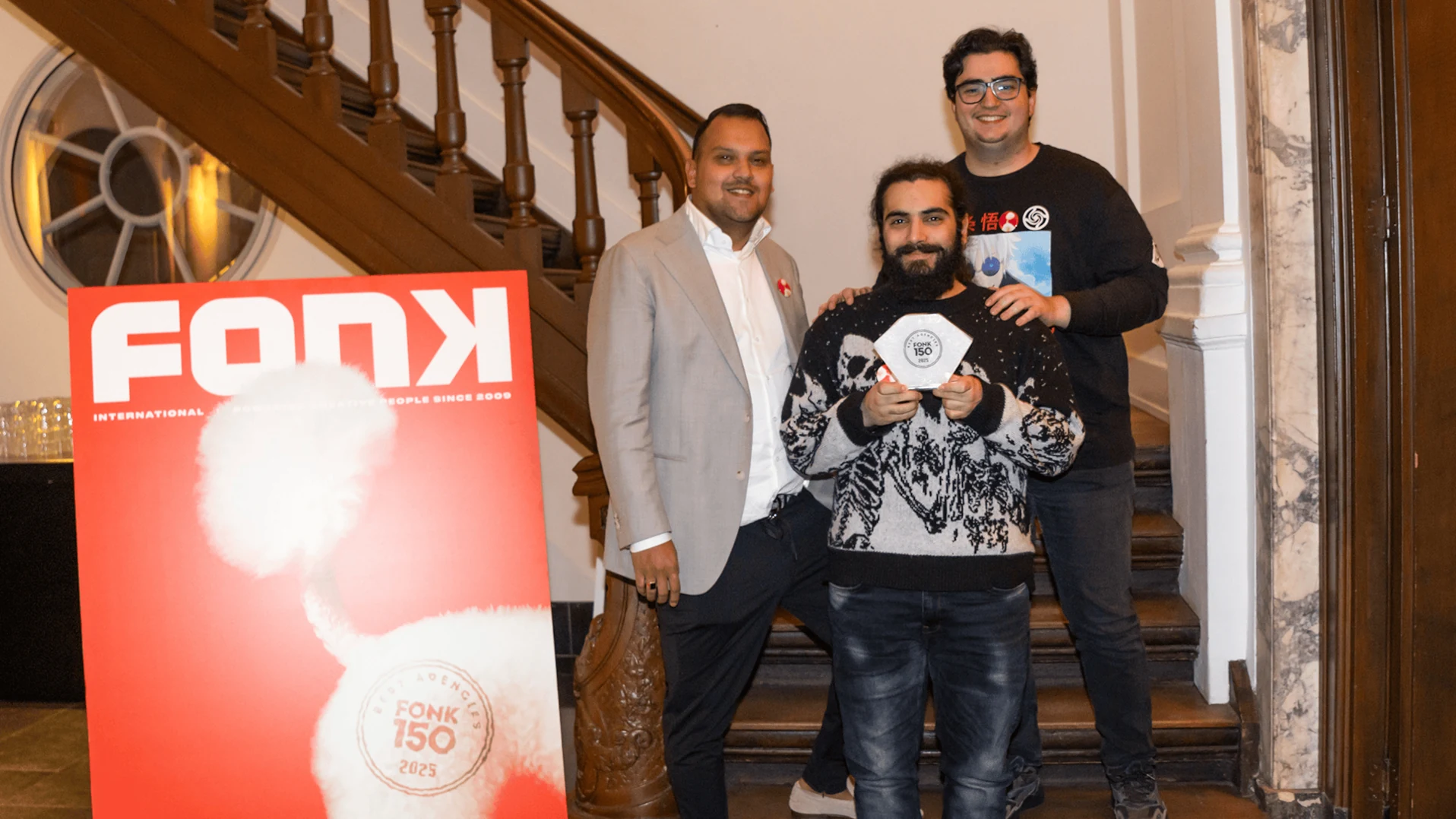 Ryan, Abdulla en Mehsen op de FONK150 award party 2025.