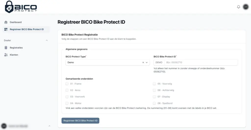 Formulier Registreer BICO Bike Protect ID met het type set, het ID en acht te markeren onderdelen