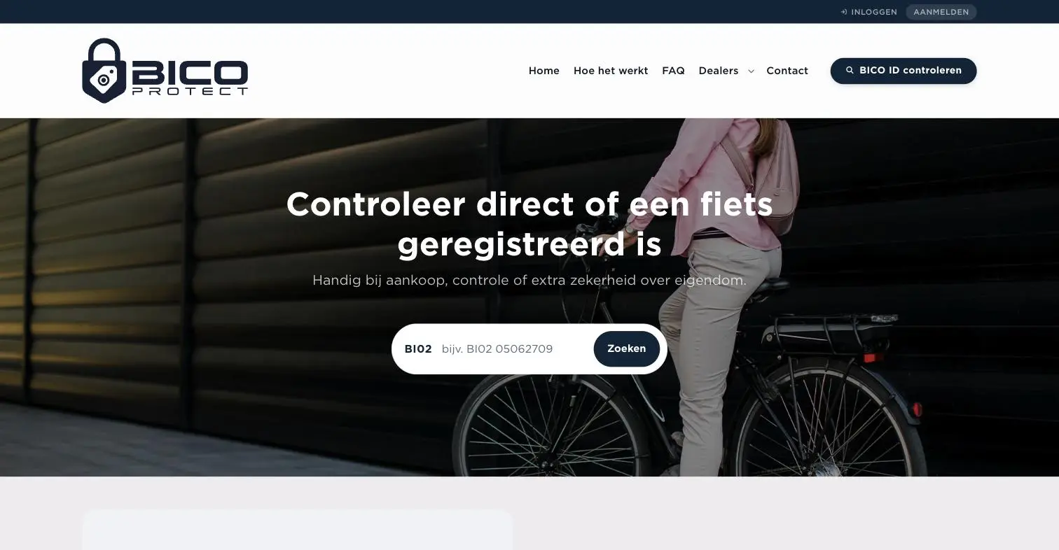 Pagina BICO-ID controleren op bicoprotect.com met een zoekveld voor het BICO Bike Protect ID