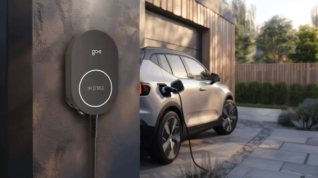 Go-e laadpaal naast een elektrische auto op de oprit