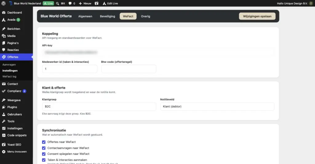 Instellingen van de Blue World Offerte-plugin in WordPress, tabblad WeFact met koppeling, klantgroep en synchronisatie, API-key onleesbaar