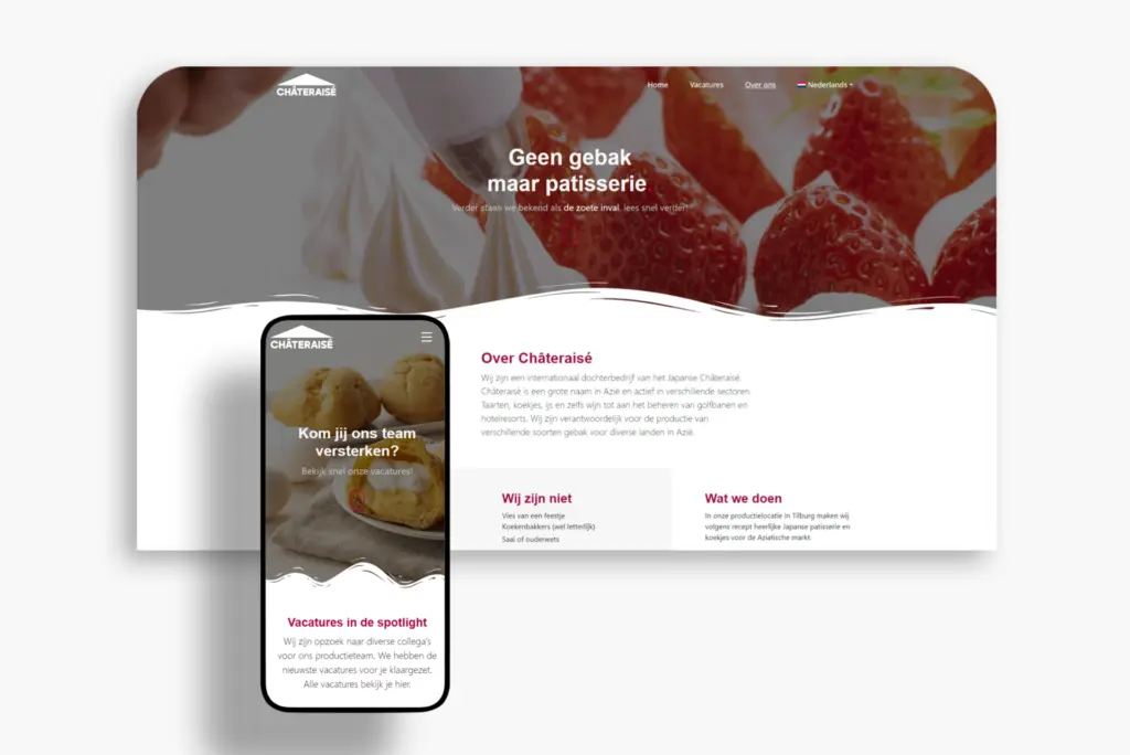 Mockup van de werken-bij website van Châteraisé op desktop en mobiel