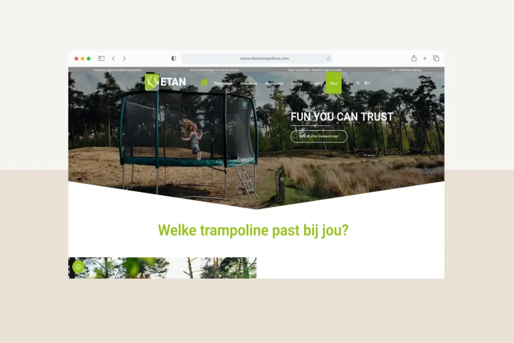 Homepage van etantrampolines.com met de tekst "Fun you can trust"
