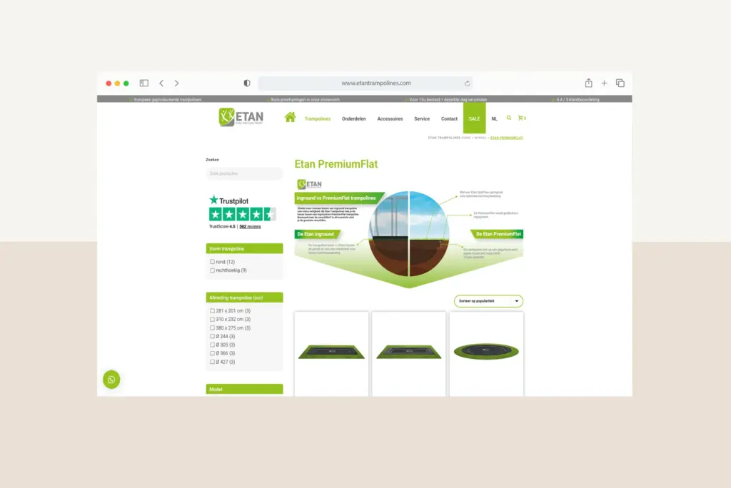 Productpagina van de Etan PremiumFlat met vergelijking tussen ingegraven en gelijkvloerse trampolines