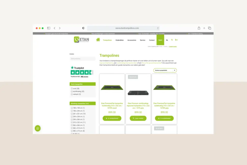 Overzichtspagina met het trampoline-assortiment van etantrampolines.com