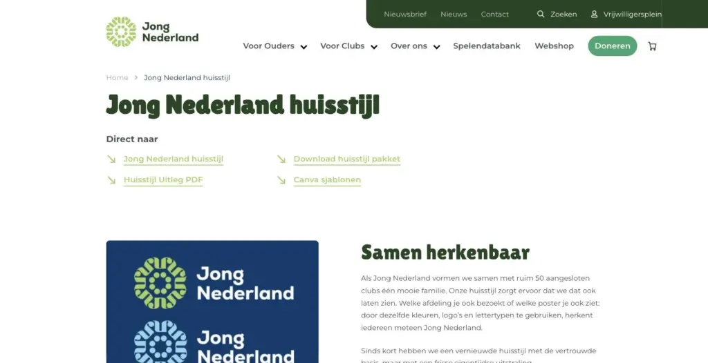 Huisstijlpagina van jongnederland.nl met downloads voor de clubs en het vernieuwde logo