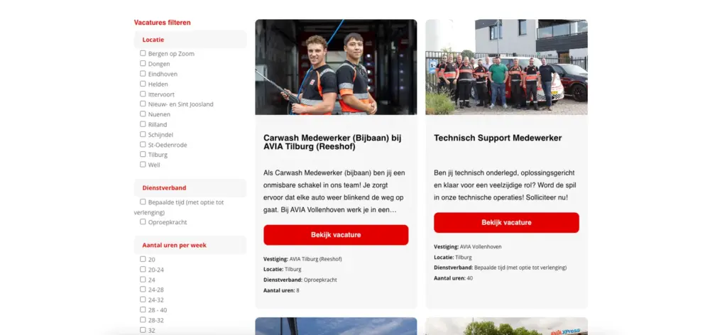 Vacature-overzicht met locatie- en dienstverbandfilter op de werken-bij website van AVIA Vollenhoven
