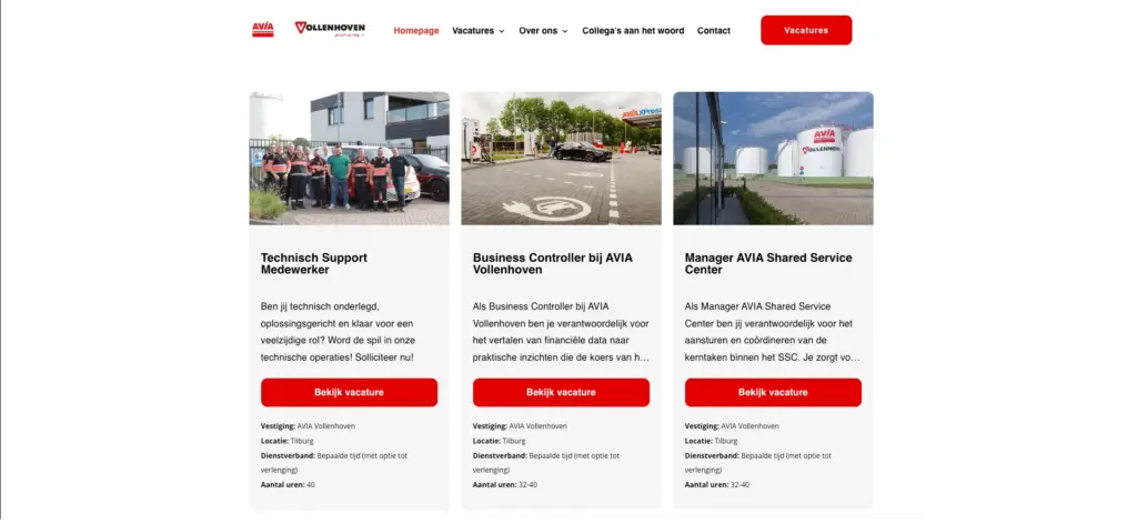 Vacaturekaarten met foto's op de werken-bij website van AVIA Vollenhoven