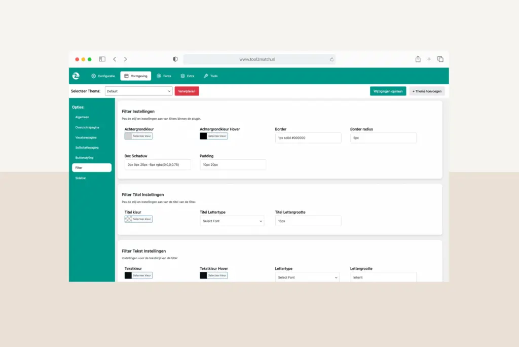 Instellingenscherm van de Tool2Match-plugin voor de postcode- en afstandsfilter