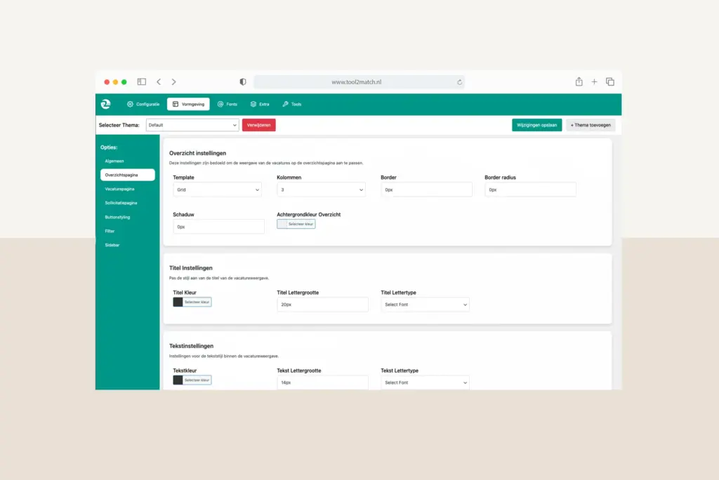 Instellingenscherm van de Tool2Match-plugin voor de overzichtspagina van vacatures